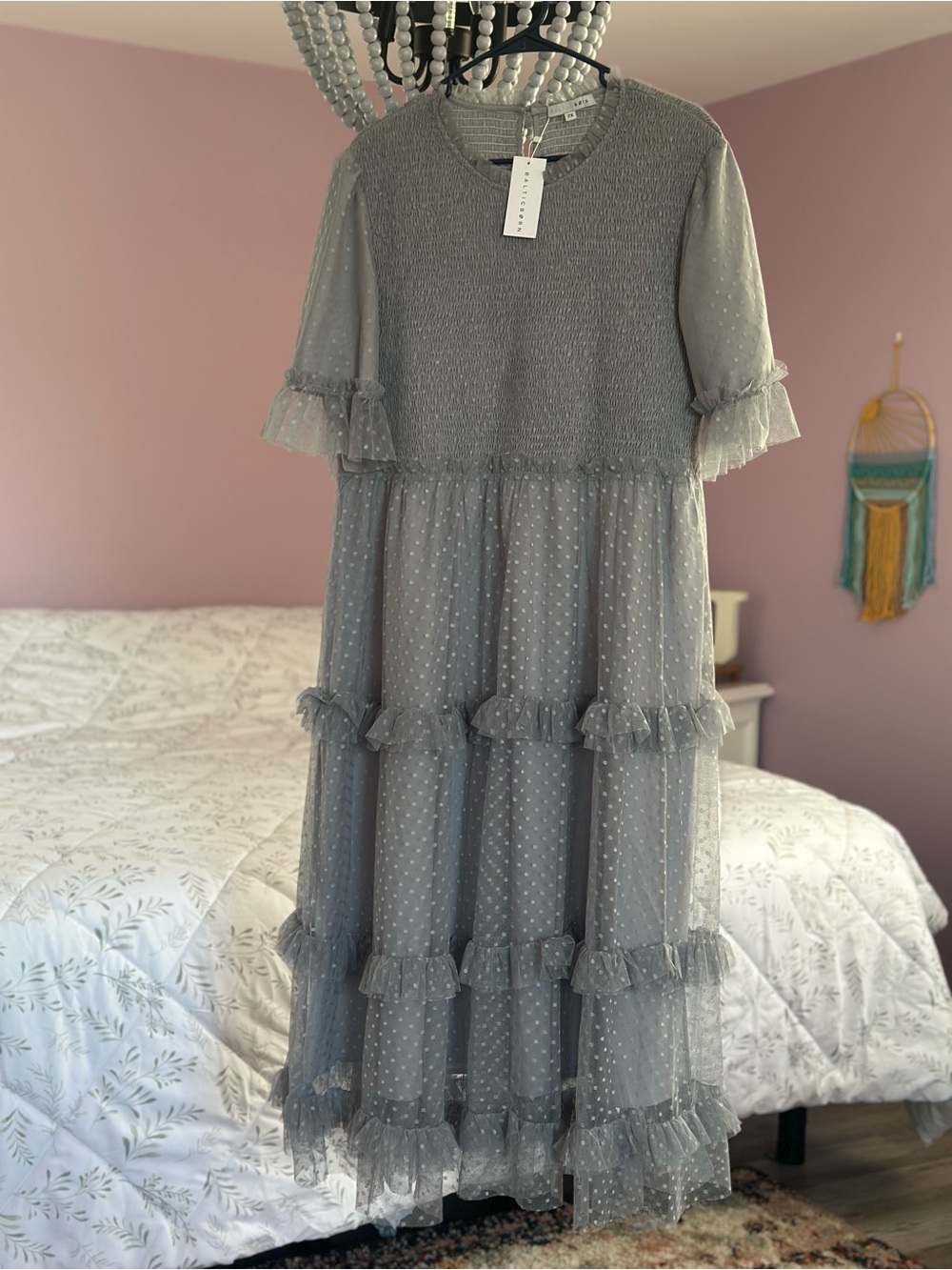 Baltic Born Gray Polka Dot Tiered Midi Dress